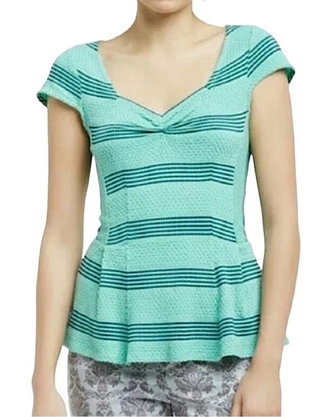 Anthropologie Postmark Mint Green & Navy Striped V-Neck Short Sleeve Top